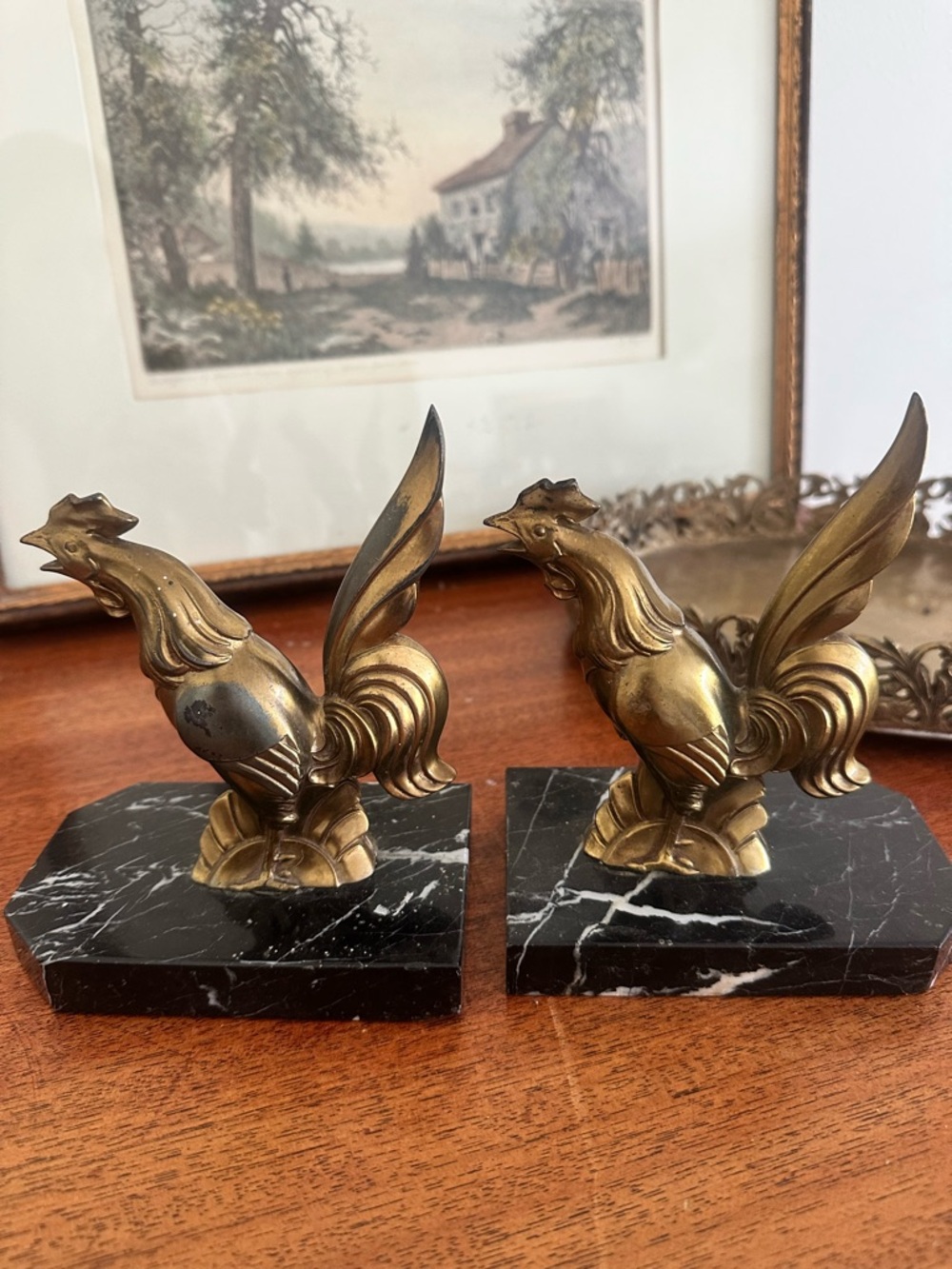Art Deco marble & brass rooster bookends
